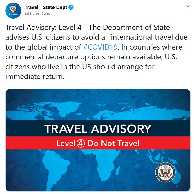 미국 국무부 영사사업부가 19일(현지시간) 트위터에 올린 자국민 해외 여행 전면 금지 공지(출처: 트위터)